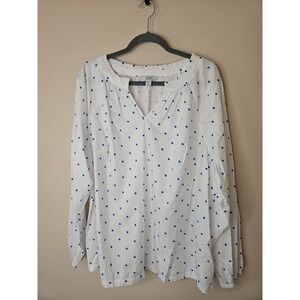 Croft & Barrow Top White Blue Raglan 100% Cotton Popover Blouse Coastal Preppy